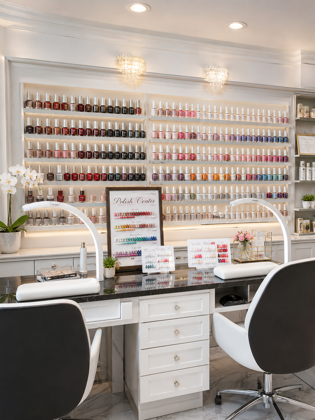 Polish center with illuminated color shelves and manicure desk